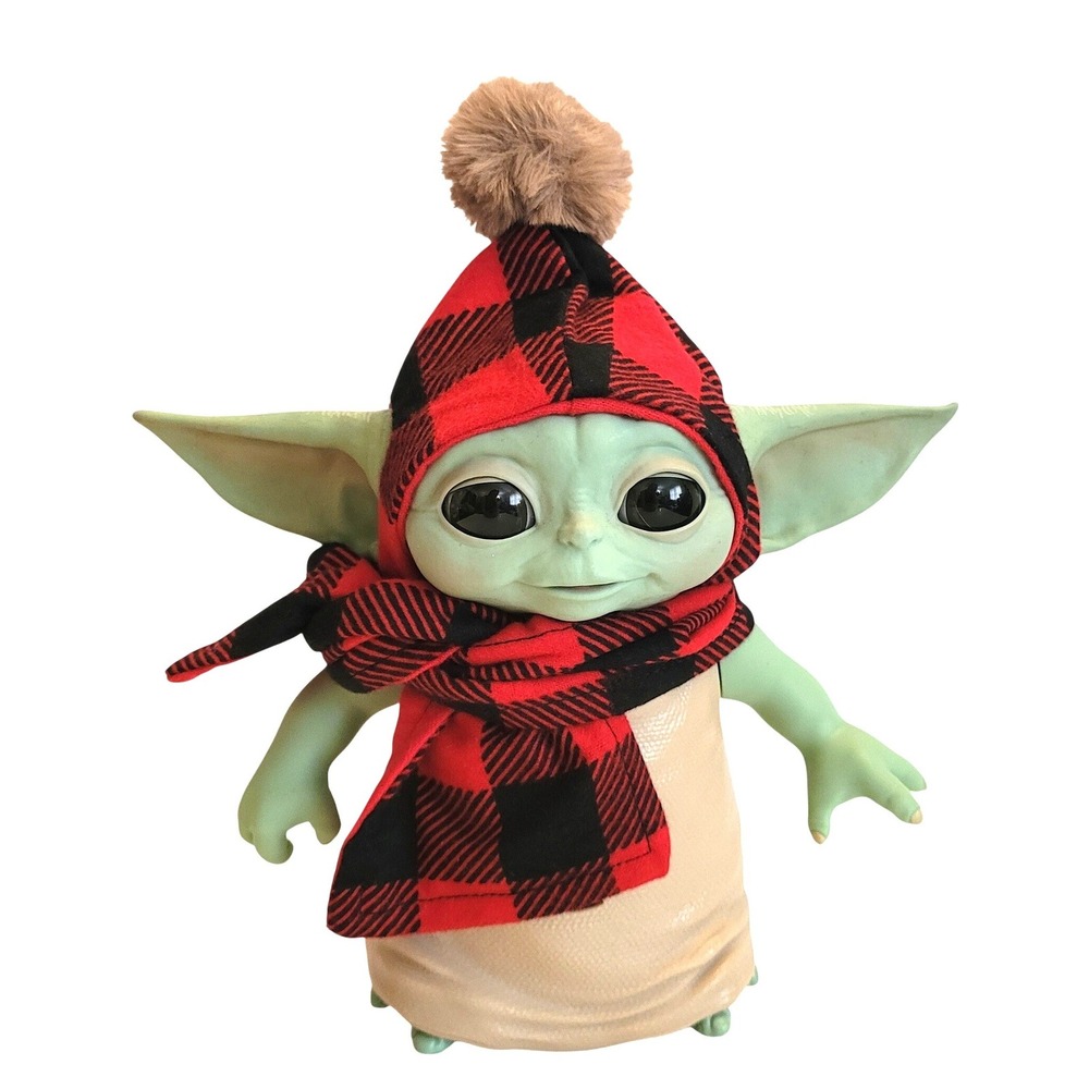 Buffalo Plaid Hat & Scarf for 7.5" Grogu Baby Yoda talking Hasbro doll Red Black